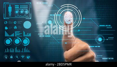 Unrecognizable Businessman Touching Virtual Panel With Finger, Panorama, Closeup Stock Photo