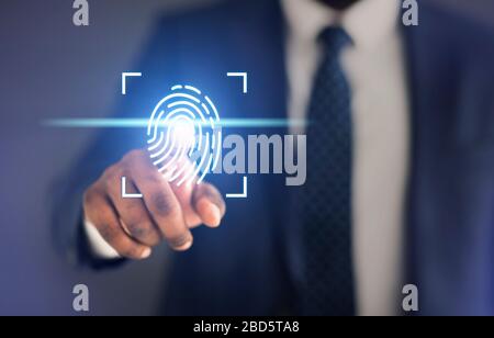 Businessman Touching Fingerprint Scanner On Virtual Panel For Access, Cropped Stock Photo
