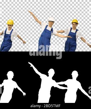 Three dancing construction workers in hard hats, Alpha Channel Stock Photo