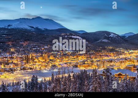 Breckenridge, Colorado, USA town skyline in winter at dawn. Stock Photo