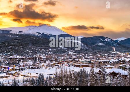 Breckenridge, Colorado, USA town skyline in winter at dawn. Stock Photo