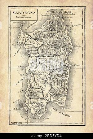 Ancient map of Sardinia island in the Mediterranean Sea and one of the regions of Italy west of the Italian Peninsula, with geographical Italian names and descriptions Stock Photo