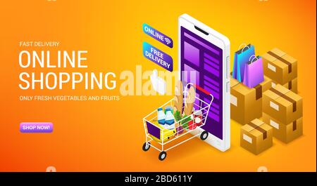 Online shopping, order delivery service, internet store landing page design with isometry cardboard boxes and cart, vector illustration. Stock Vector