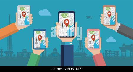 mobile gps navigation service flat illustration. Hand-holding mobile phone with map application ( Tokyo city sightseeing ) Stock Vector