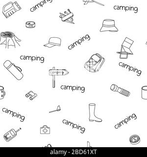 seamless vector pattern on the theme of camping, tourism, with camping accessories, on a white background, isolated, with the word Stock Vector