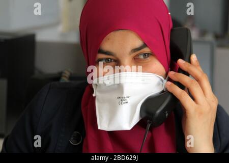 Tunis, Tunisia. 6th Apr, 2020. A medical assistant attending to COVID-19 disease-related calls during operations.SAMU Tunisia (Urgent Medical Aid Service), are busier than before attending to the increasing COVID-19 patients in the capital Tunis. Credit: Jdidi Wassim/SOPA Images/ZUMA Wire/Alamy Live News Stock Photo