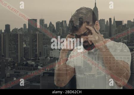 Stressed man holding head with hands on abstract city, megapolis background. Double exposure. Virus alert, coronavirus pandemic, COVID-19 epidemic. Lost his job, fired, worried about family, health. Stock Photo