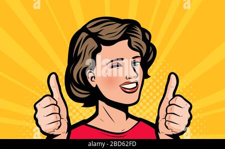 Beautiful woman rejoices in success. Retro comic pop art vector illustration Stock Vector