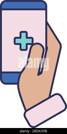 hand holding smartphone online medical support, line and fill style icon vector illustration design Stock Vector
