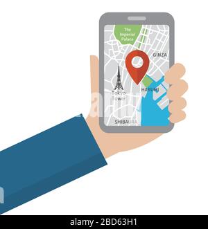 Hand-holding mobile phone with map application ( Tokyo city ) flat illustration Stock Vector