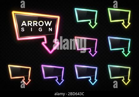 Neon light gradient arrow set on transparent background. Glowing color tube led lamp sign with glass texture plate. Arrow signboard for night club, ca Stock Vector