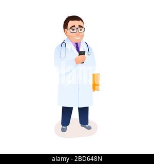 Young Caucasian doctor character uses cellphone isolated on white background. Flat cheerful male physician talking on mobile phone. Medical remote con Stock Vector