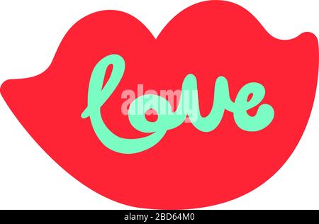 Fluorescent lettering love. Vector illustration. Hand drawn elegant modern brush lettering of Happy Valentines Day on red smiling lips Stock Vector