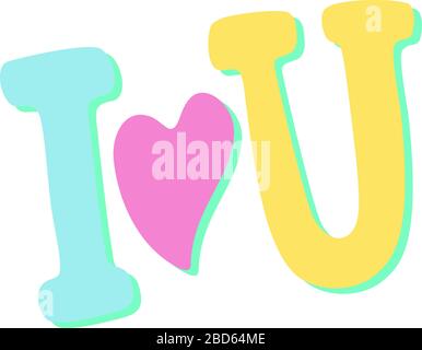 I love you. Vector illustration. Neon letters of Happy Valentines Day. Blue Letter I, pink heart sign and yellow letter U Stock Vector