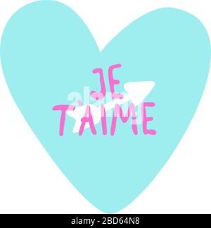 Blue neon Heart, pink text and arrow. Valentines Day Typographic. Square format. Phrase I love you in french. Vector Illustration of a Valentine s Day Stock Vector