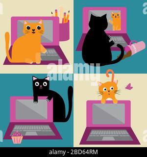 Cute cartoon cat and laptop vector seamless pattern background. Ginger and black felines interrupting business office work flow. Hand drawn fun repeat Stock Vector