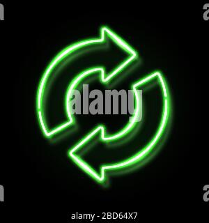 3d neon refresh reload restart icon with reflection isolated on black background. Green glowing recycling symbol. Night circle 2 arrow sign. Recycle d Stock Vector