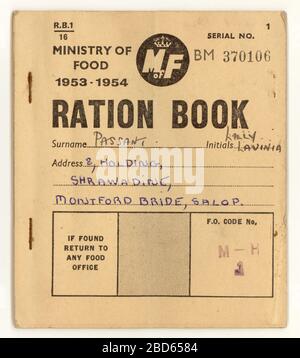 Post war 1953-54 ration book, ministry of food, for a resident of Shropshire, England, U.K. Stock Photo