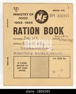 Post war 1953-54 ration book, ministry of food, for a resident of Shropshire, England, U.K. Stock Photo