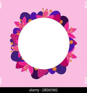 Summer pink round frame. Raspbery, flowers and leaves. Bright exotic circle border. Healthy vegetarian food. Fresh and juice fruits. Vector illustrati Stock Vector