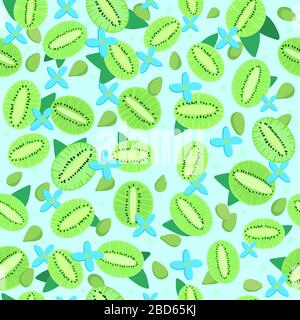 Summer green kiwi seamless pattern. Bright blue texture. Healthy vegetarian food. Fresh and juice fruits and berries. Vector illustration Stock Vector