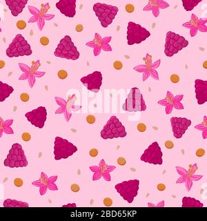Summer pink raspberry and flowers seamless pattern. Bright red texture. Healthy vegetarian food. Fresh and juice fruits and berries. Vector Stock Vector