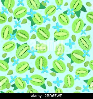 Summer green kiwi seamless pattern. Bright blue texture. Healthy vegetarian food. Fresh and juice fruits and berries. Vector illustration Stock Vector