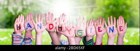Kids Hands Holding Word Handhygiene Means Hand Hygiene, Grass Meadow
