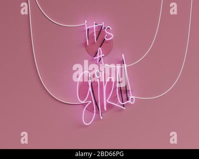 Its a Girl announcement neon sign over a pink background with all words On - 3d rendering concept Stock Photo