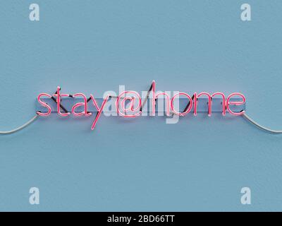 Stay at home neon sign over blue background with all words in red neon gas - 3d rendering concept Stock Photo