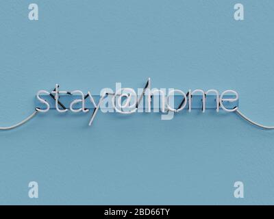 Stay at home neon sign over blue background with all words in off - 3d rendering concept Stock Photo