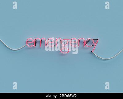 emergency neon sign over blue background with emergency word in red neon gas - 3d rendering concept Stock Photo