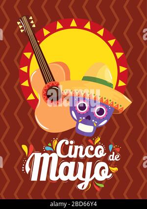 Mexican skull with hat guitar and sun of Cinco de mayo vector design Stock Vector