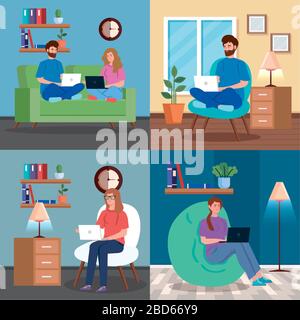 set scenes young people working in telecommuting Stock Vector