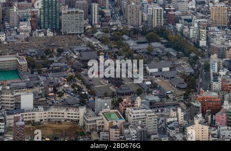 A picture of the Shitenno-ji Temple complex as seen from above. Stock Photo