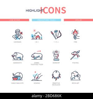 Prehistoric times - line design style icons set Stock Vector