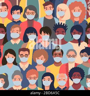 Seamless pattern with people faces in protective masks of different ethnicity and ages. Concept of coronavirus quarantine, air pollution protection Stock Vector