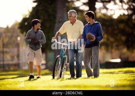 Smiling senior man having fun walking with his two grandsons through a park while wheeling a bicycle. Stock Photo