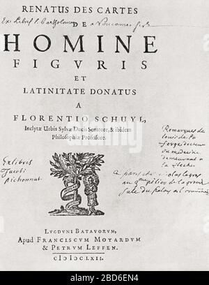 Annotated title page of the first edition of Descartes' De homine, 1662, which contains the passages on reflex action, reciprocal innervation and the pineal gland as the seat of the soul.  René Descartes,  1596 – 1650.  French philosopher, mathematician, and scientist.  From Selected Readings in the History of Physiology, published 1930. Stock Photo