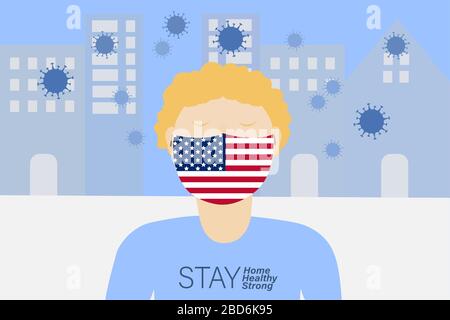 Social distancing concept, Man wearing USA flag mask stay home and work from home, Coronavirus pandemic 2019-ncov prevention, Virus spread prevention. Stock Vector