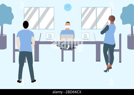 Social distancing and work communication concept, Coronavirus COVID-19 pandemic 2019-ncov prevention, Virus spread prevention. Quarantine measures con Stock Vector