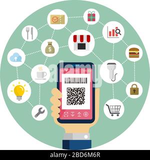 QR code payment, smartphone payment / round banner vector illustration Stock Vector