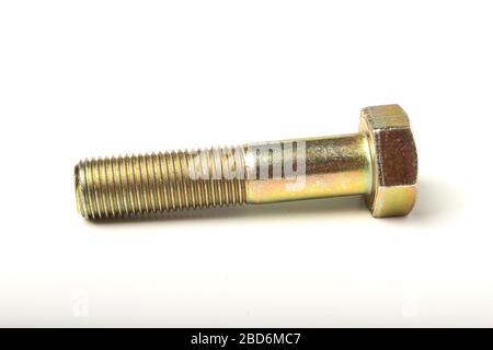 Metal bolt with metric thread close up isolated on white Stock Photo