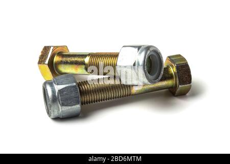Bolts with nuts close up isolated on white Stock Photo