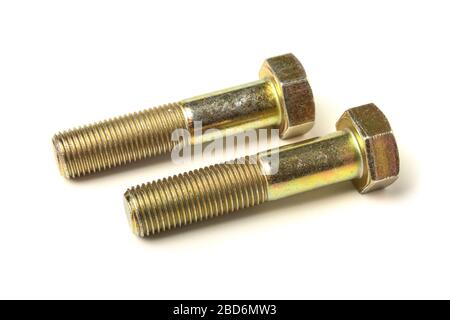 Metal bolts with metric thread close up isolated on white Stock Photo