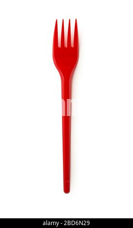 Disposable red plastic fork isolated on white background Stock Photo