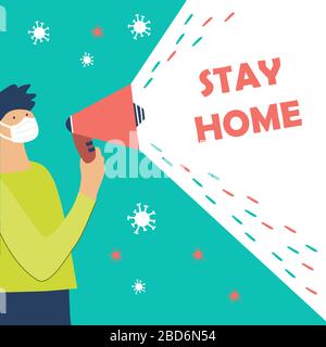 Masked man in smartphone says stay at home vector illustration Stock Vector