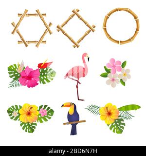 bamboo frames with flamingo,toucan, and flowers, vector illustration on a white background Stock Vector