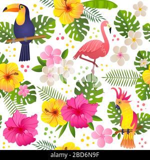 toucan and parrot sits on a flowering branch vector illustration seamless pattern Stock Vector