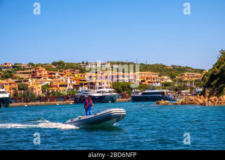 Porto Cervo, Sardinia / Italy - 2019/07/20: Boat service of Porto Cervo yacht port at Costa Smeralda coast of Tyrrhenian Sea Stock Photo